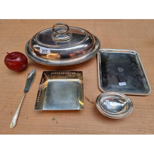 317 - Four silver plated items including a sugar dish, two trays and a covered serving dish by Waterhouse ... 