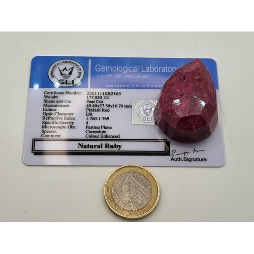 408 - A very large pear cut natural ruby stone of 177.85cts. Comes with GLI certificate. Could to the touc... 