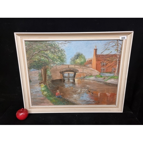 66 - A large vintage original acrylic on canvas showing a young boy fishing by the grand canal. Signed bo... 