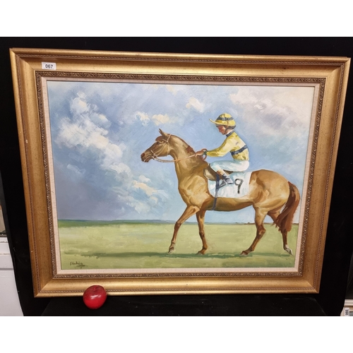 67 - Star Lot : An impressive large original oil on board equestrian painting of a jockey in yellow suit ... 