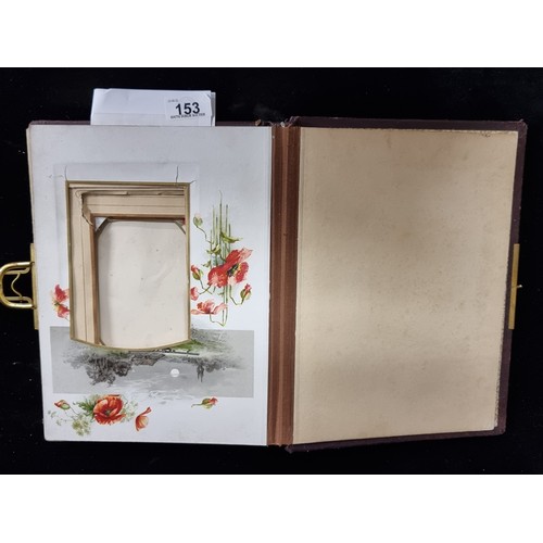 153 - A large vintage, leather bound photo album with brass clasp and gilded pages. Features colourful ill... 