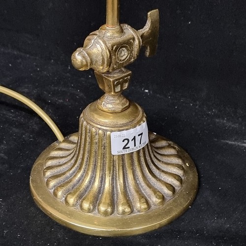 217 - Star Lot : A beautiful vintage heavy brass table lamp with an adjustable scallop shape shade, curved... 