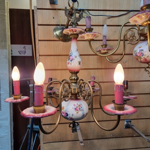 286 - Star Lot : A wonderful trio of three beautiful six-branch chandeliers. With large ceramic stems and ... 