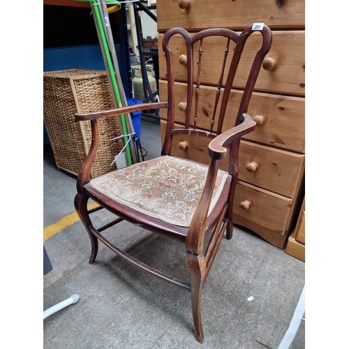 291 - A lovely vintage open arm chair with slat back with turned detailing and embroidered upholstery with... 