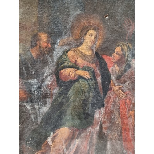 244 - A large possibly 18th century oil on canvas painting featuring a biblical scene with a haloed Mary i... 