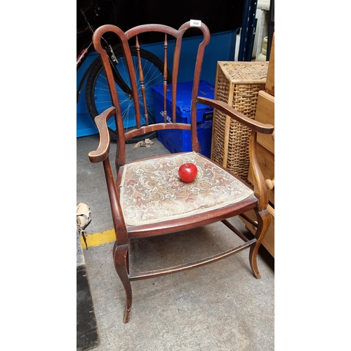 304 - A lovely vintage open arm chair with slat back with turned detailing and embroidered upholstery with... 