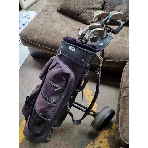 310 - Nancy Lopez golf bag and 10 golfing irons and clubs (4,5,6,7,8). With a pull caddy.