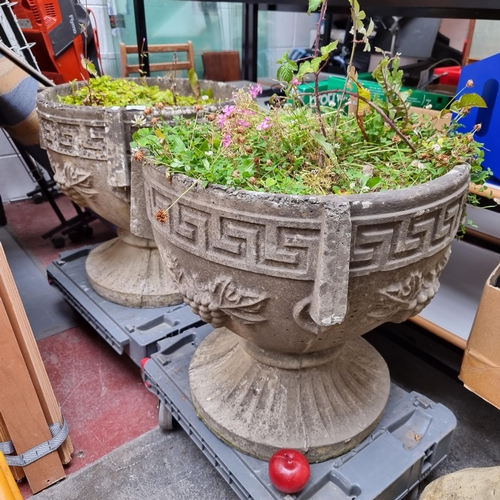 681 - Star Lot : Two very large neoclassical style outdoor planters decorated with Greek key design border... 