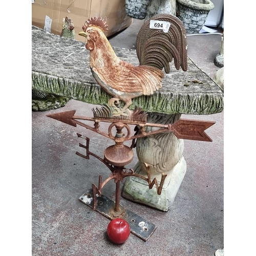 694 - Star lot : A very heavy cast metal weather vane surmounted with a cockerel. Lovely age and patina to... 