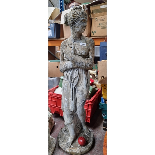 695 - Star Lot : Very heavy, tall garden Statue in the form of a classical Grecian maiden clutching her ro... 