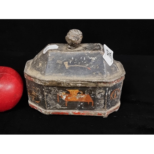 762 - A stunning, early 19th century lead tobacco tin. With toleware design and figural. Very heavy!