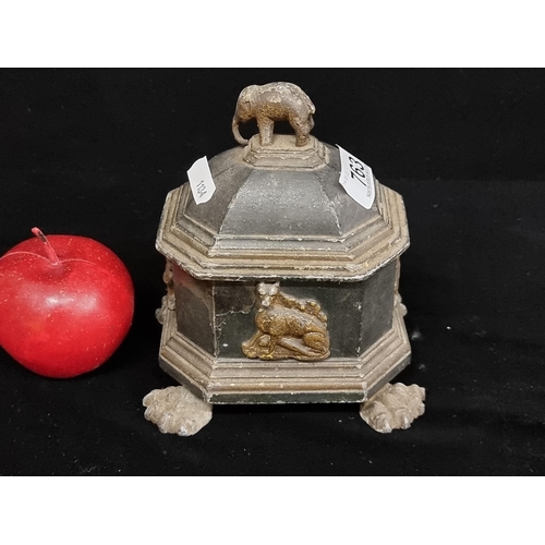 763 - A wonderful, antique, early 1800 lead and pewter tobacco tin. With large elephant head finial, with ... 