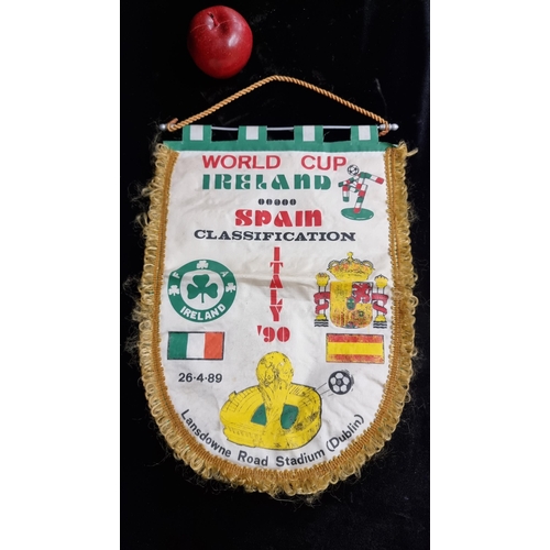 766 - An original match day pennant for Ireland Vs Spain in Lansdowne Road, 26th 4th 1989. Ireland's famou... 