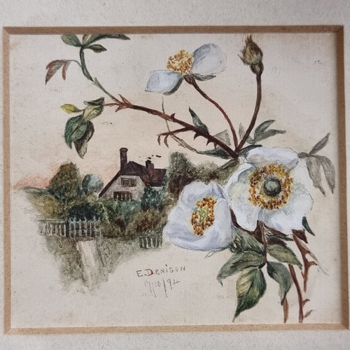 115 - An original watercolour on paper painting by E. Denison, depicting a dainty cottage bordered by a bl... 