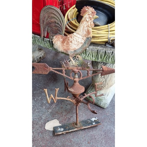 694 - Star lot : A very heavy cast metal weather vane surmounted with a cockerel. Lovely age and patina to... 