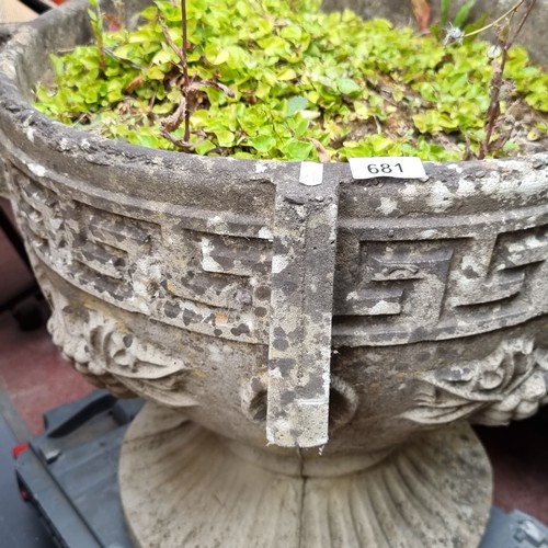 681 - Star Lot : Two very large neoclassical style outdoor planters decorated with Greek key design border... 