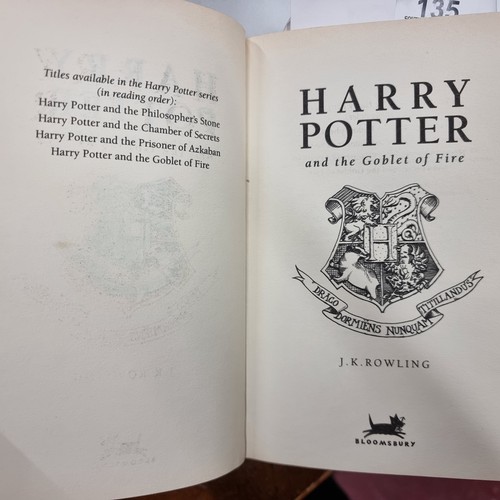 135 - A hardback first edition copy of the book Harry Potter and the Goblet of Fire by J. K Rowling. Publi... 