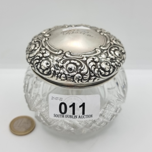 11 - A beautiful large Sterling silver lidded dressing table jar, with an intricate hob nailed cut and ro... 