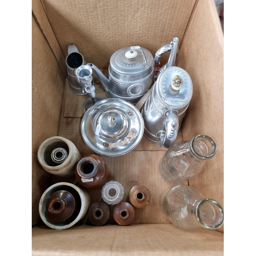 337 - A mixed vintage lot consisting of various stoneware jars, two MBL milk bottles and silver toned item... 