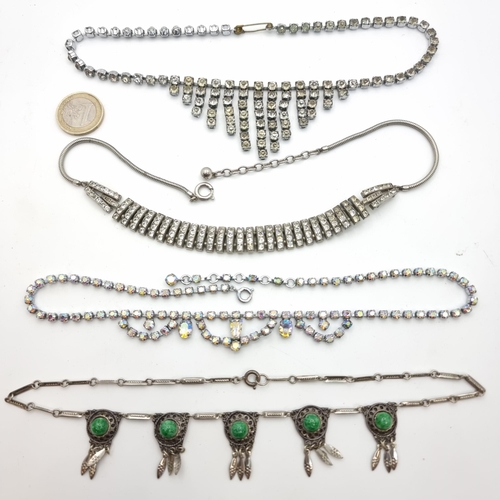 50 - A collection of four necklaces, including a vintage five stone Malachite pendant example and three d... 