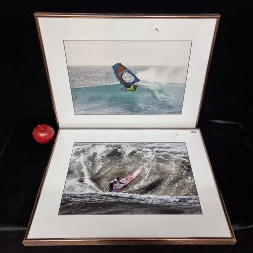 63 - Two fantastic original high quality photographs of windsurfers in action on large waves. Great for a... 