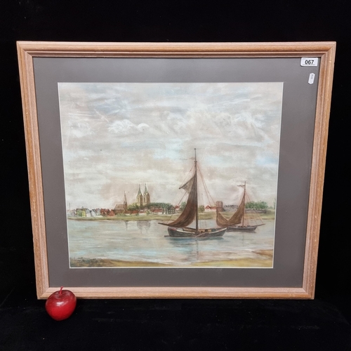 67 - A large original pastel on paper artwork featuring ships moored by the shore with a town and cathedr... 