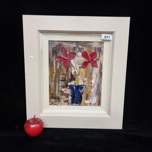 71 - A fabulous original oil on board painting featuring a textural and high relief rendition of two red ... 