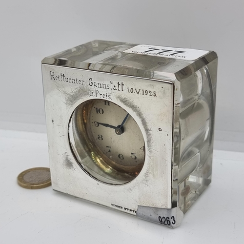 777 - Star Lot: A very nice silver faced travel clock dated 1925 by Mener Stuttgart, stamped 925.