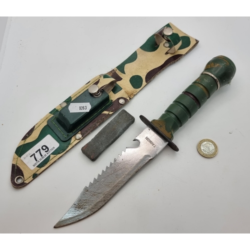 779 - Commando knife with compass in the butt and sharpening stone.