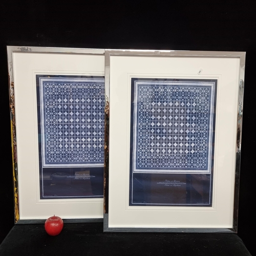 85 - Two large high quality prints of a blue and white roman mosaic housed in chrome frames.