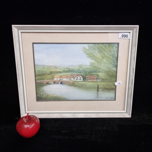 90 - A lovely original pastel on paper artwork of a rural farmhouse by the river titled 