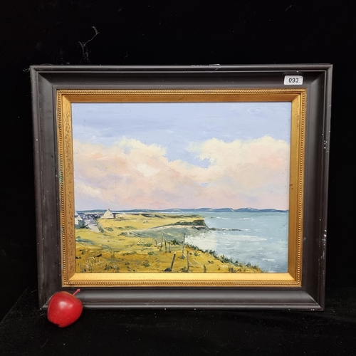 93 - A large original oil on canvas painting showing seaside cliffs at sunset by the artist Jim Reddy.
Re... 