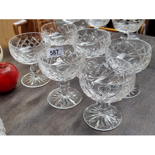 587 - 6 Waterford crystal champagne  pedestal glasses in the Donegal pattern. VGC.