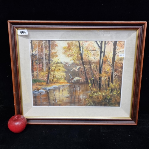 64 - A charming acrylic on canvas painting featuring ducks taking to air in an autumnal forest filled wit... 