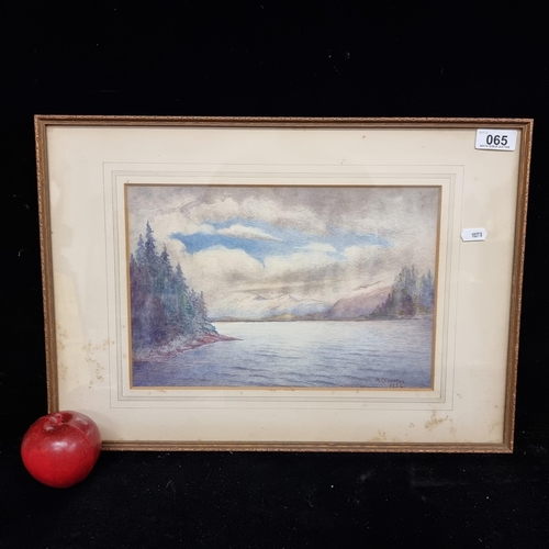 65 - A beautiful original vintage watercolour on paper painting featuring a serene lake surrounded by pin... 