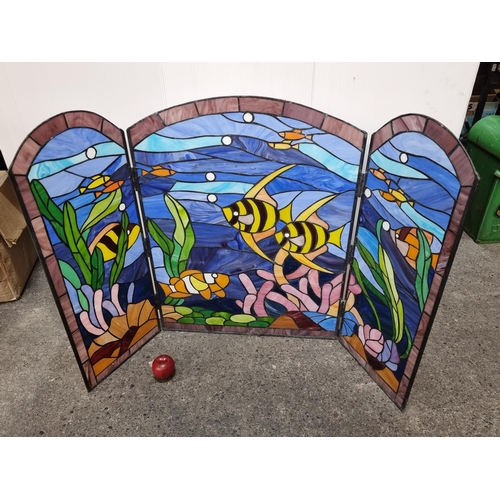 725 - A fabulous stained glass  and leaded triptych panel, with a marine theme. Designed for use as a fire... 