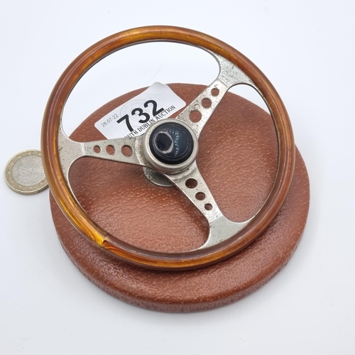 732 - A very col 1960s mounted mini steering wheel with triple spoke and large horn centre. Interesting di... 