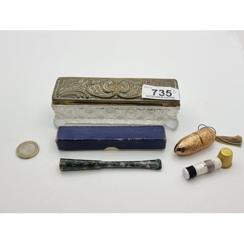 735 - Three items inc a vintage gold toned Accorn holding a thimble and thread, an art deco green marbleis... 