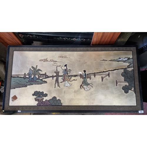 707 - STAR LOT : A beautiful long Chinese coffee table with heavily carved and painted detailing in tradit... 