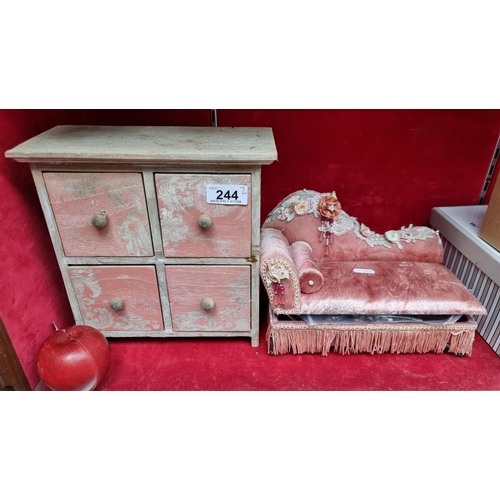 244 - Two lovely jewellery storage boxes including one example in the shape of a chez longues filled to th... 