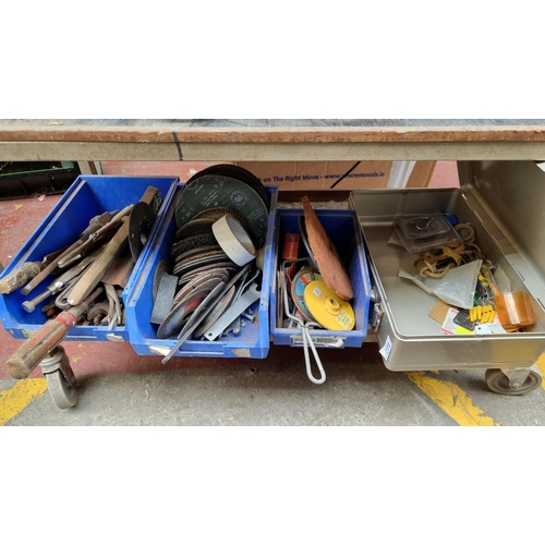 271 - A stainless steel toolbox and three workshop boxes filled with DIY and workshop items including sand... 