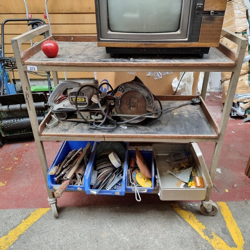 272 - A very useful three tiered workshop trolley with metal frame and wooden worktops, held on casters.