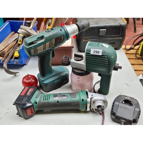 296 - Three items consisting of a Heilsen heavy duty cordless drill, a Parkside angle grinder and an elect... 