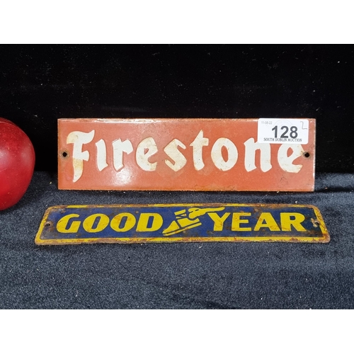 128 - Two heavy enamelled neat sized advertising signs, for Good Year (L20.5cm) and Firestone (L20cm), tho... 