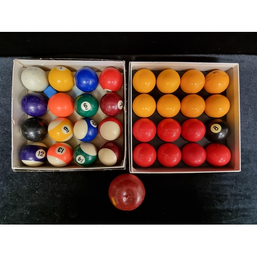 157 - Two complete sets of billiard balls, including a red and yellow Aramith billiards example with a spo... 