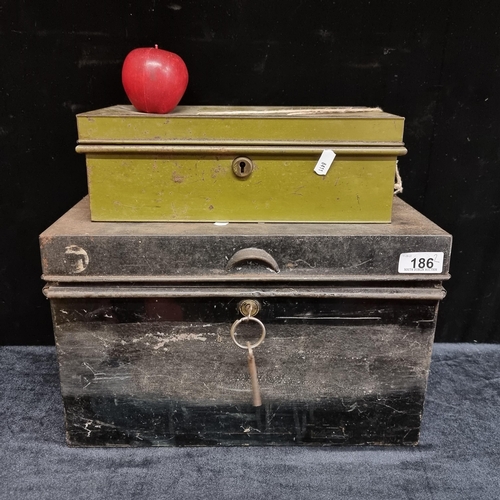 186 - Two antique tin boxes including a 1920s Veteran series document box and a second cash box. Both with... 