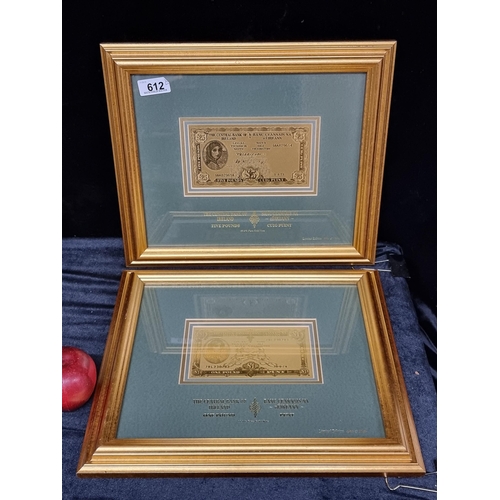 612 - Two framed limited edition (490 & 856/7500) Lady Lavery notes, made of 99.9% pure gold - one 1 pound... 