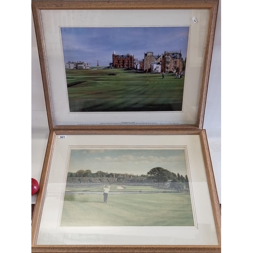 621 - Two large prints of a Golfing nature. One of a painting by Grainne W. Baxter, the second featuring T... 