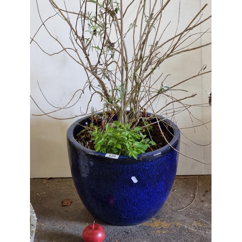 639 - A heavy large terracotta planter, with a beautiful mottled ultramarine glaze.