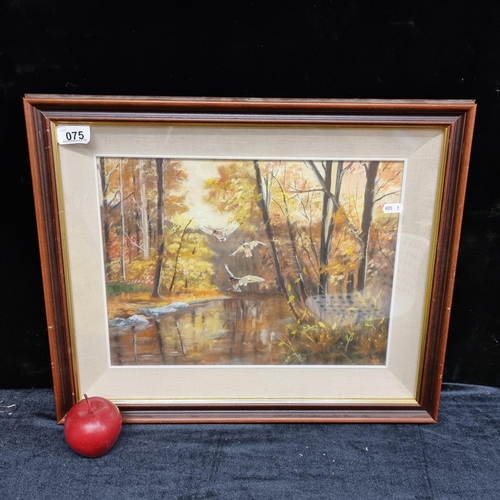 75 - A charming acrylic on canvas painting featuring ducks taking to air in an autumnal forest filled wit... 